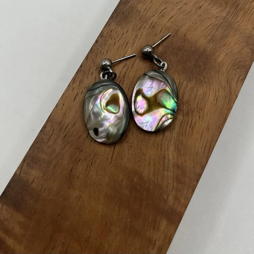 Abalone Shell Dangle Earrings Fleur De Lis Drop Iridescent Boho Coastal Beach